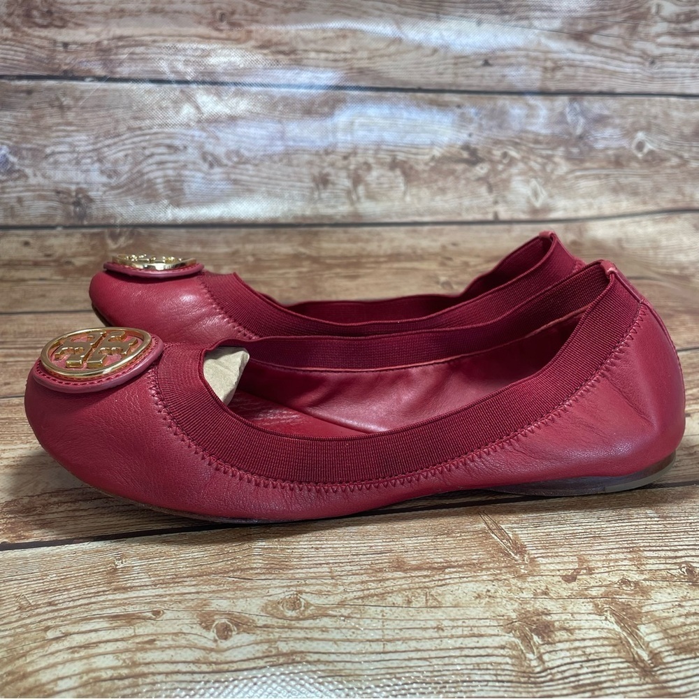 Tory Burch Caroline 2 Cabernet Leather Ballet Flats Gold Logo Women's Size 5 m - Picture 2 of 10